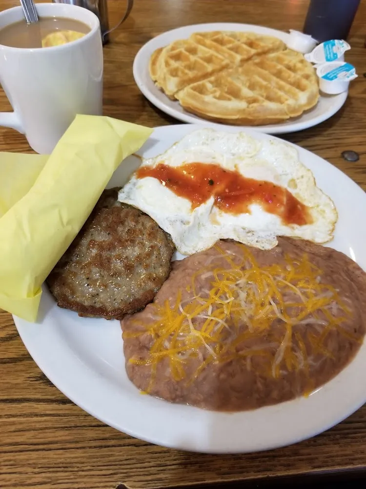 Sausage Eggs and Beans with a Waffle Breakfast